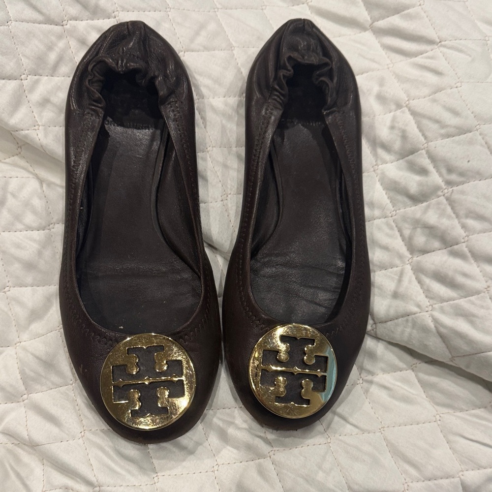 Tory Burch Dark Brown Flats with Gold Emblem